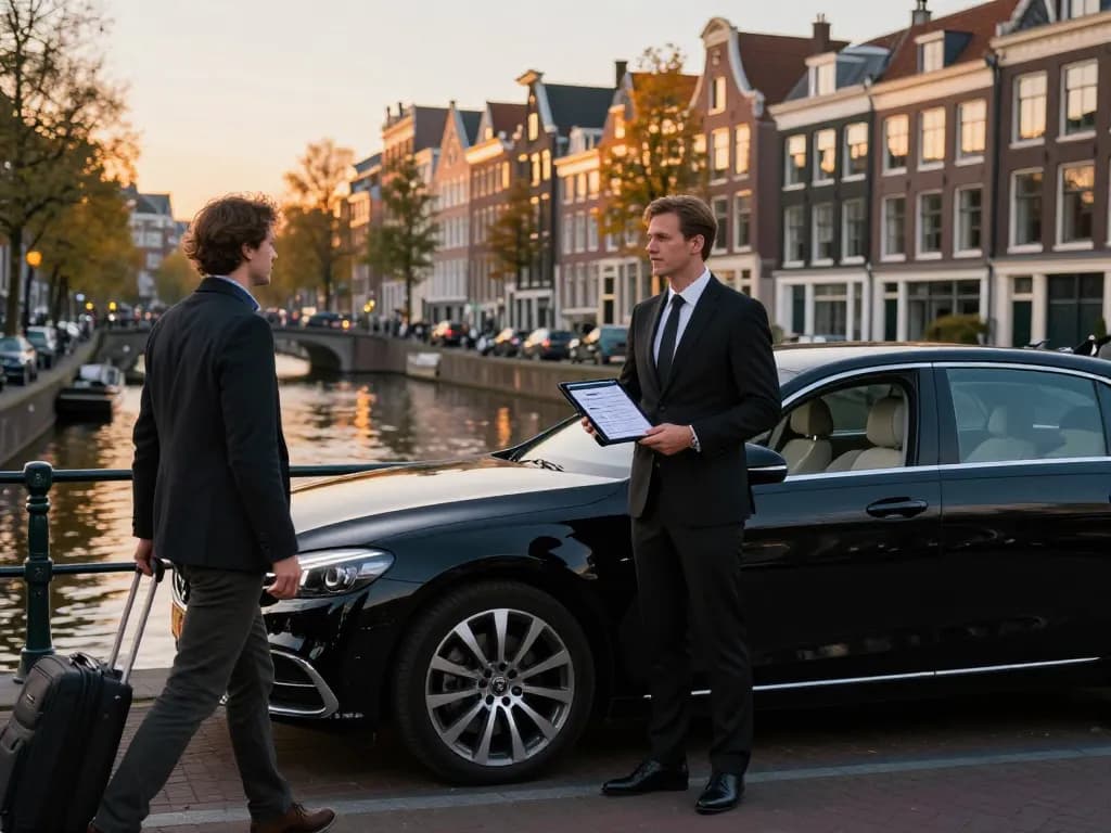 Taxi Schiphol ervaring afgebeeld met een professionele chauffeur en luxe sedan bij de Amsterdamse grachten.