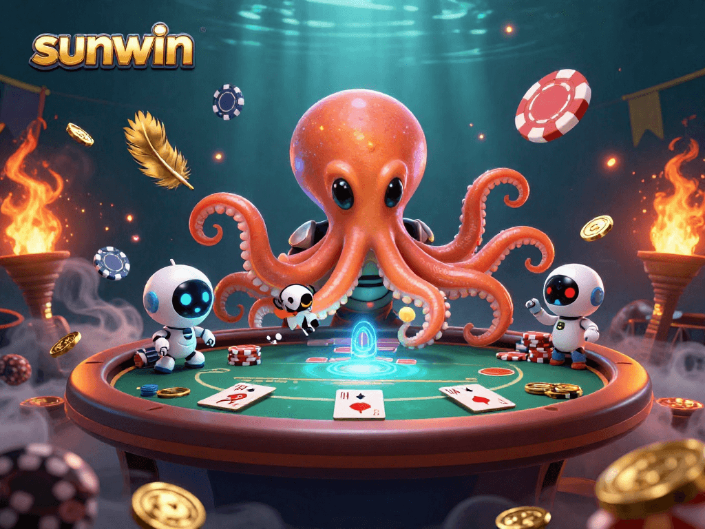 Join the excitement of sunwin at a cosmic poker game with an alien octopus and robot!