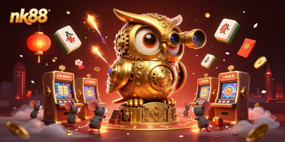 Experience excitement at nk88 with a golden owl overseeing a lively casino, filled with vibrant games and action.