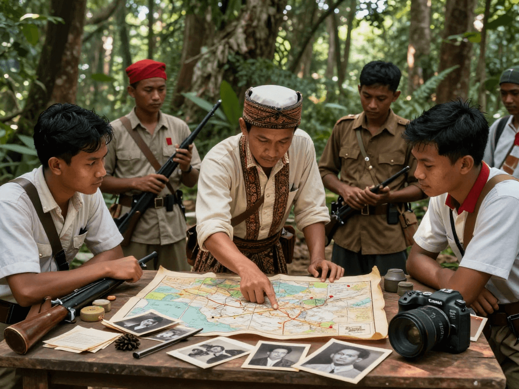 Indonesian revolutionaries planning against Dutch colonial forces, highlighting the historic struggle in the rokok88 rtp narrative.