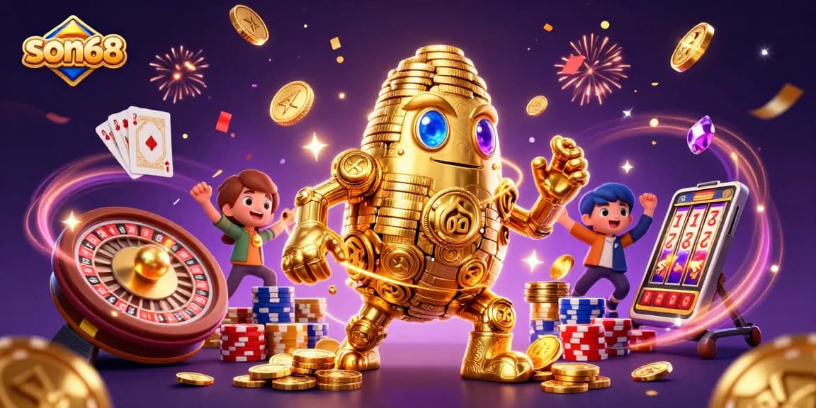 son68 casino golem surrounded by riches and celebrating elements in vibrant 3D illustration