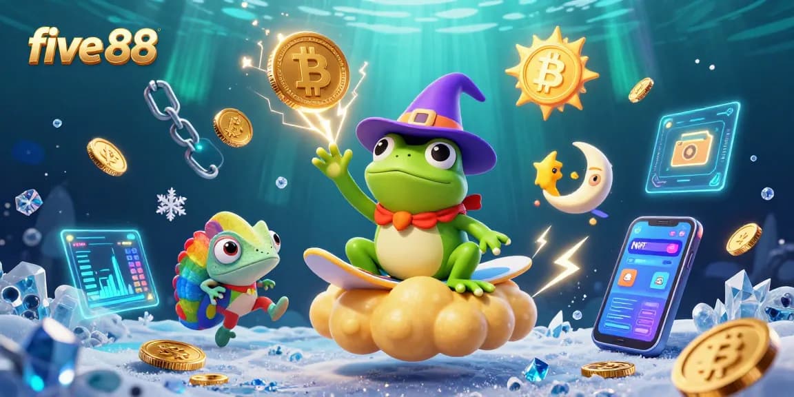 Experience the excitement of five 88 through a vibrant casino scene with currency elements and magical creatures.