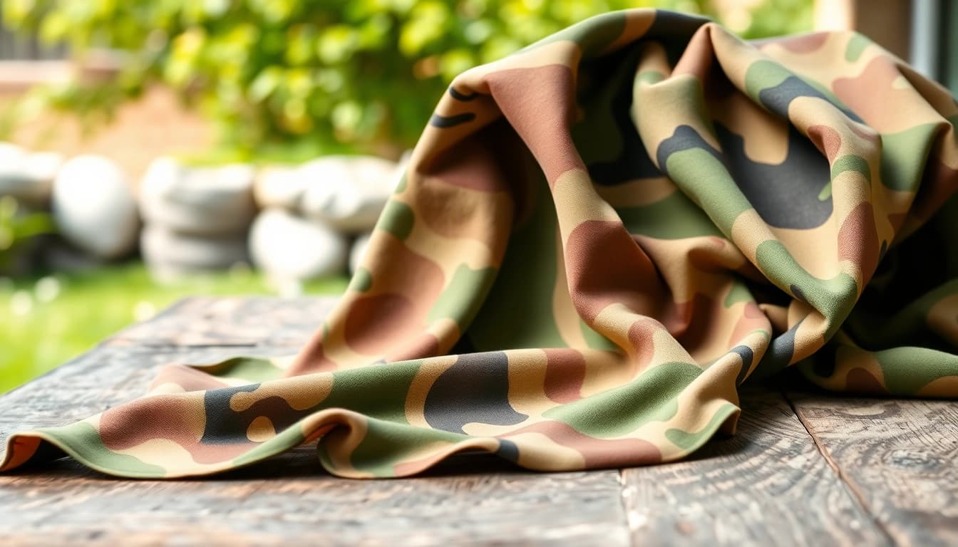 Bekijk army print katoen met een gedetailleerd camouflagepatroon op een rustieke tafel.