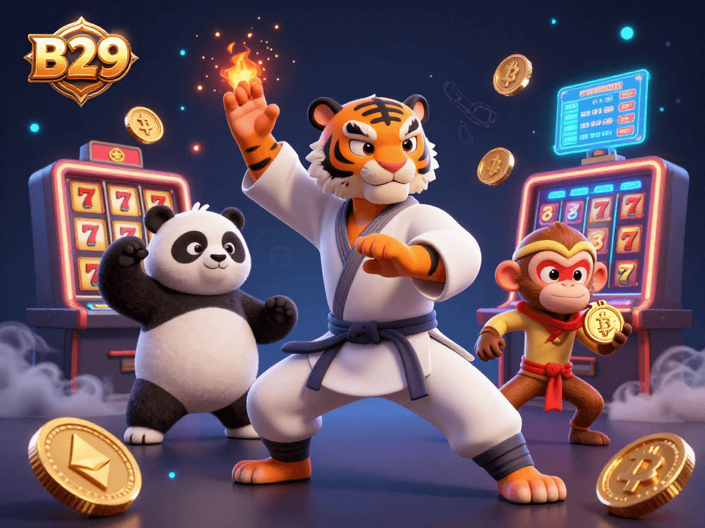 B29 casino showcases a fun scene with a kung fu tiger, panda disciple, and monkey stealing a medal in an exciting gambling setting.