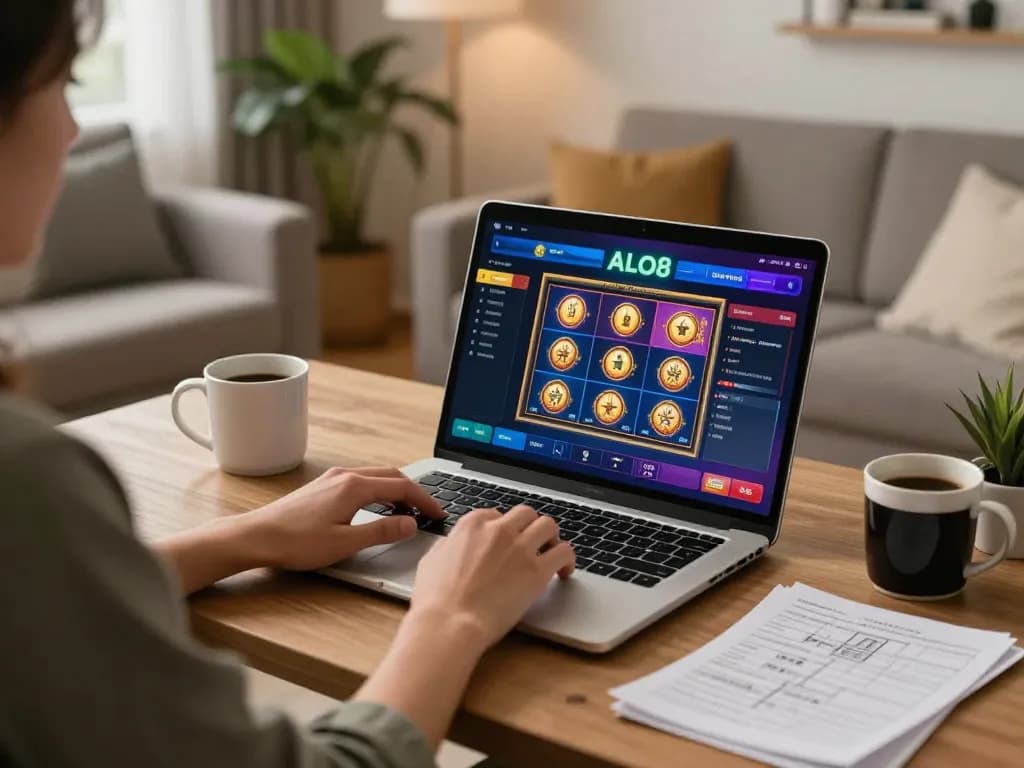Player engaging with ALO8 online slots in a cozy home setting, reflecting responsible gaming practices.