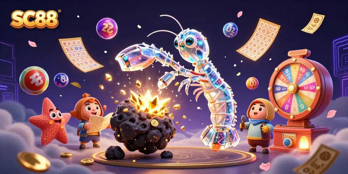 SC88's galactic samurai mantis shrimp bursts through gems in a vibrant lottery scene.