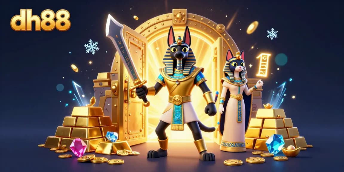 Play exciting games at dh88 with Anubis and Bastet surrounded by treasures in a vibrant casino scene.