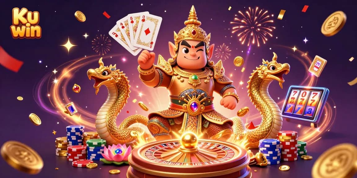 Experience the excitement of Ku win with a dynamic illustration featuring Thai temple guardian and casino elements.