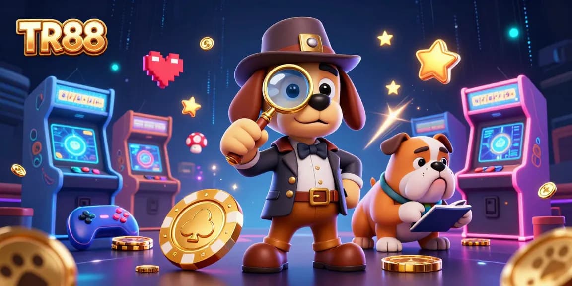 Discover TR88 and uncover winnings as the detective investigates a golden poker chip clue surrounded by colorful game elements.
