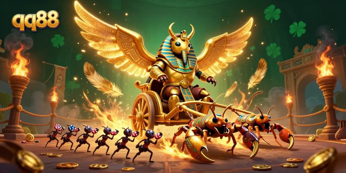 Place your bets at qq88 and enjoy thrilling games with a captivating illustration of a golden scarab and scorpions.