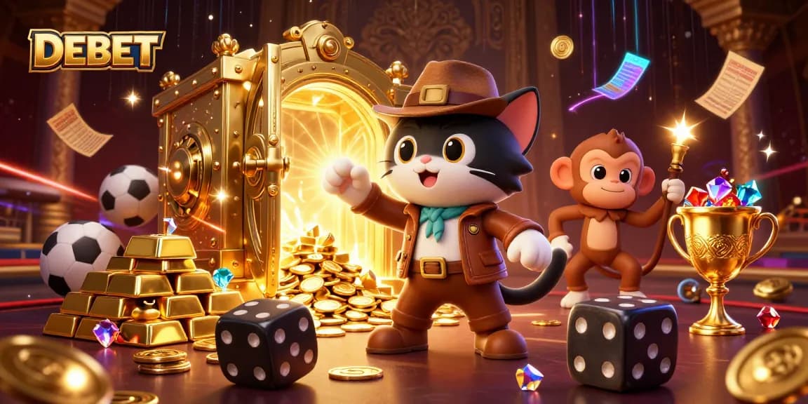 DEBET sports betting cat and monkey uncovering treasure in a vibrant casino scene.