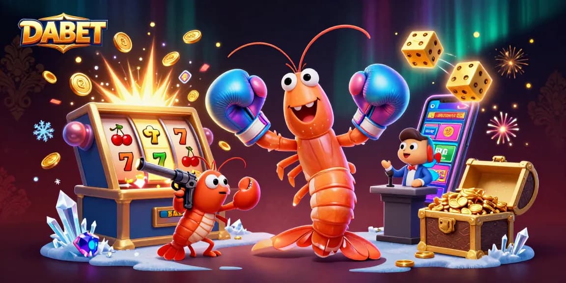 DABET brings excitement with vibrant 3D cartoon shrimp characters in a dynamic casino scene filled with jackpots and slot machines.