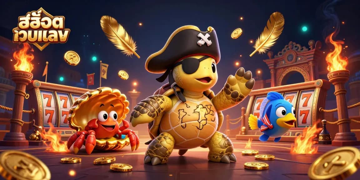 Join the excitement with สล็อตเว็บตรง as the pirate turtle discovers treasures amidst spinning slot reels.