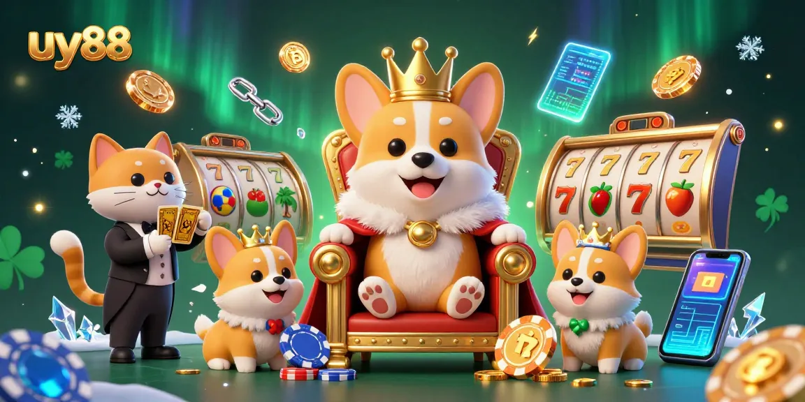 uy88 engages in a vibrant casino scene with corgis and poker elements, showcasing fun casino excitement.