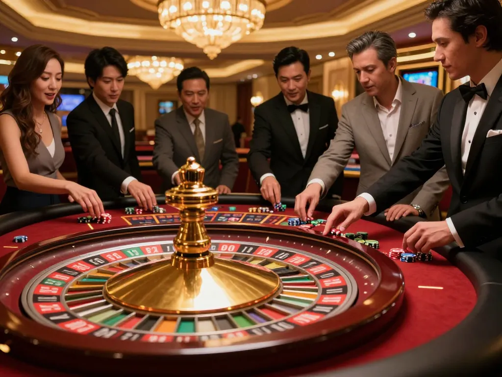 Players engage excitedly at a roulette table in a luxurious casino environment, CM 88 excitement palpable.