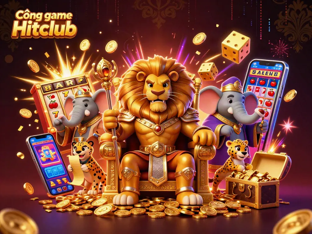 Cổng game Hitclub features an exciting casino scene with a lion king and vibrant gaming elements.
