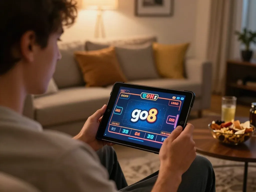 Player enjoying a go8 casino game on a tablet in a cozy living room atmosphere