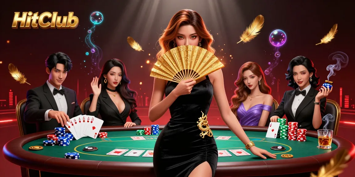 HitClub features a stunning Asian woman at a vibrant casino scene, showcasing poker and chip stacks.