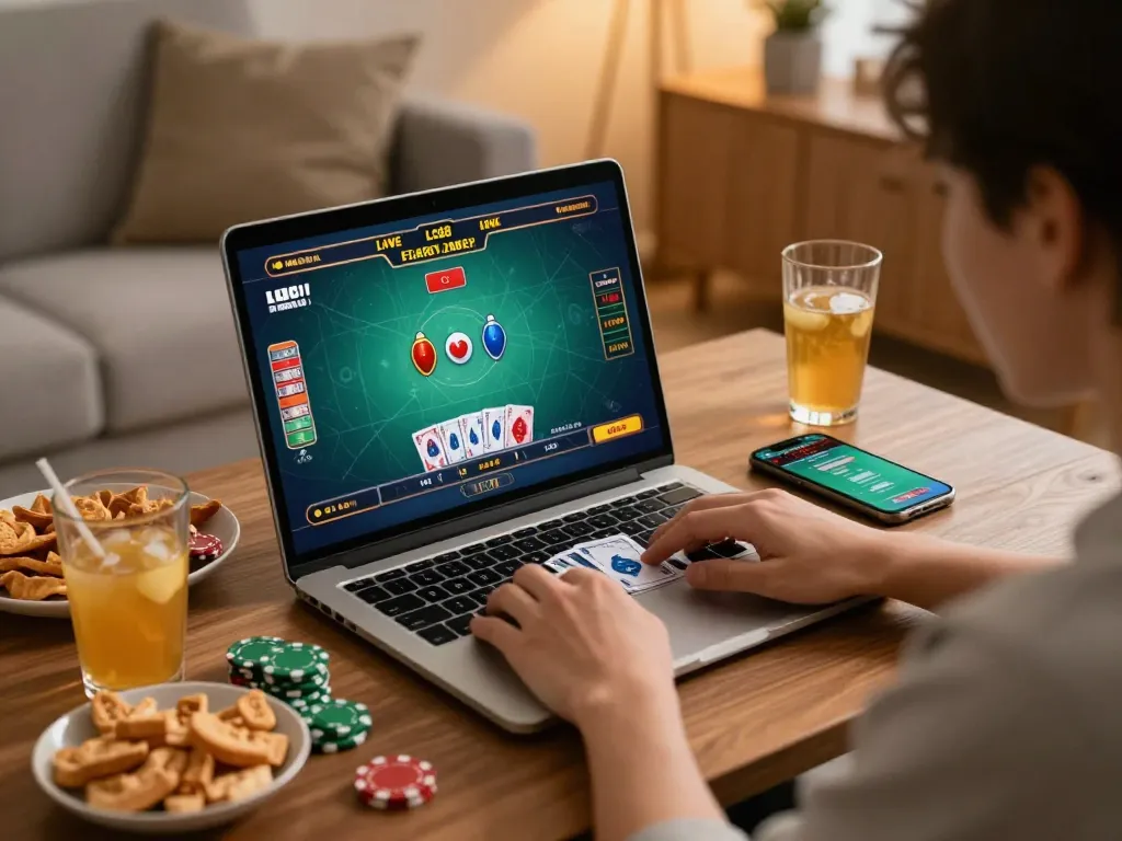 Action-packed gaming with LC88 live dealer interface on laptop in cozy home setting