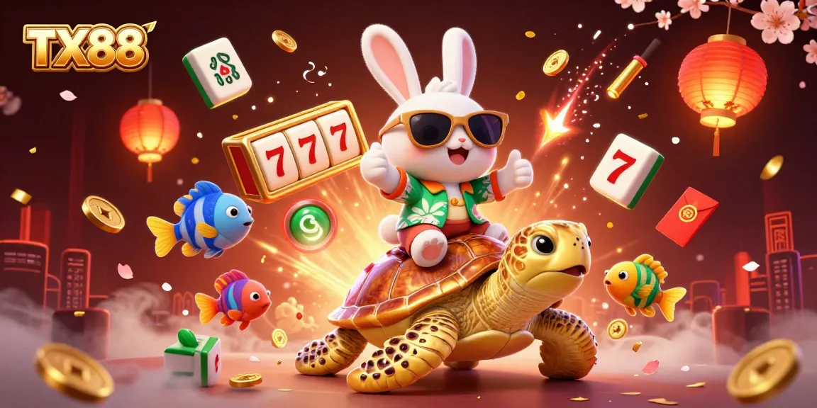 Experience excitement at TX88 with a lucky rabbit and golden sea turtle amid vibrant slot games.