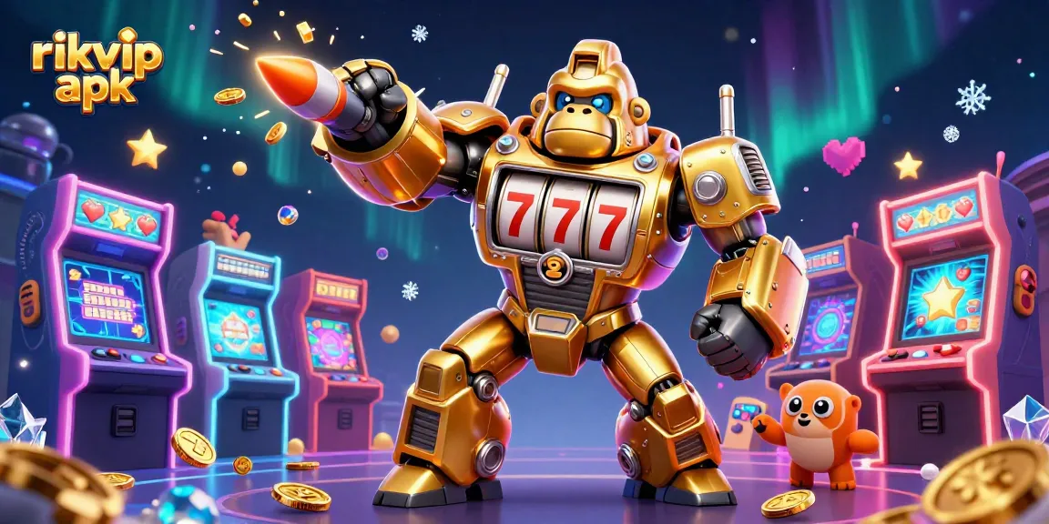 Experience the thrill of the rikvip apk with an explosive 3D casino adventure showcasing a golden gorilla mech.