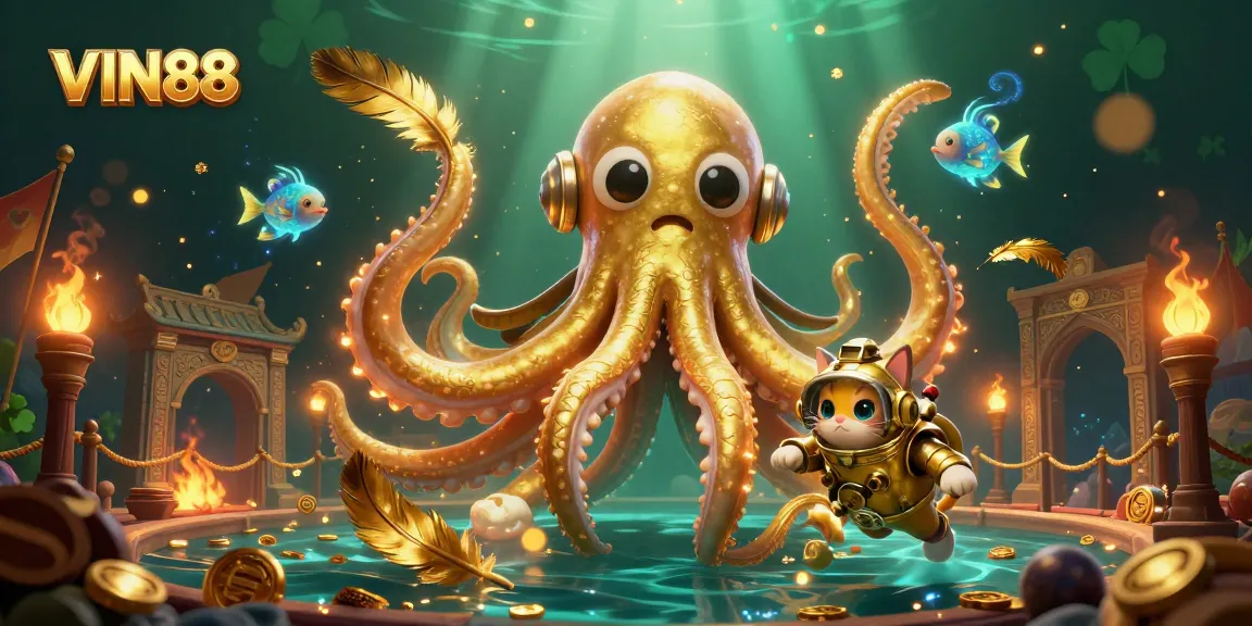 Experience thrilling adventures with VIN88 featuring a colossal kraken, diving cat, and glowing sea creatures.