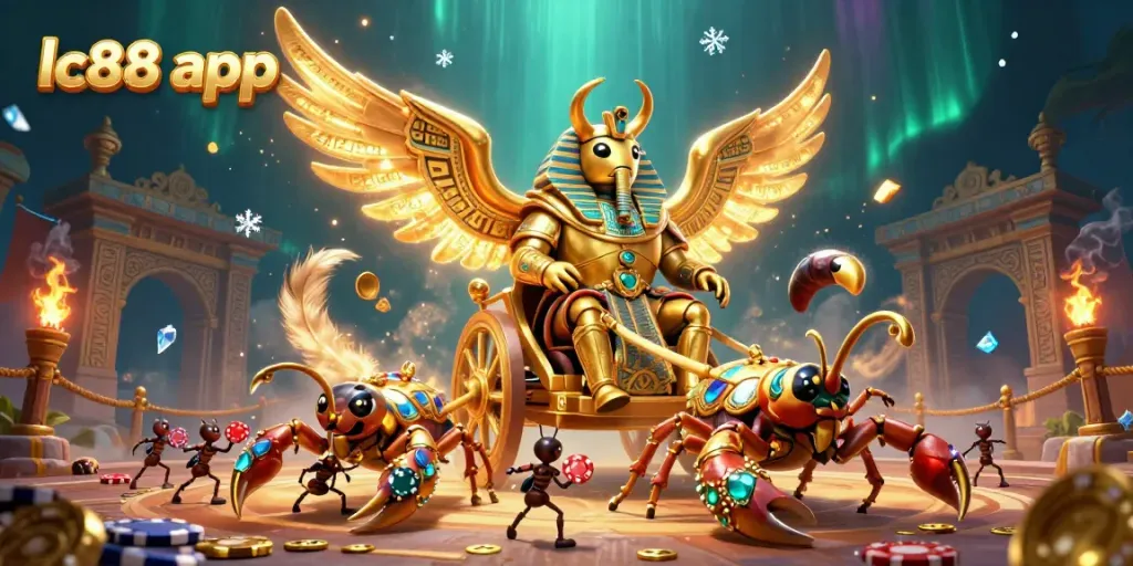 Join the excitement with lc88 app, where a colossal golden scarab beetle leads an epic casino adventure.