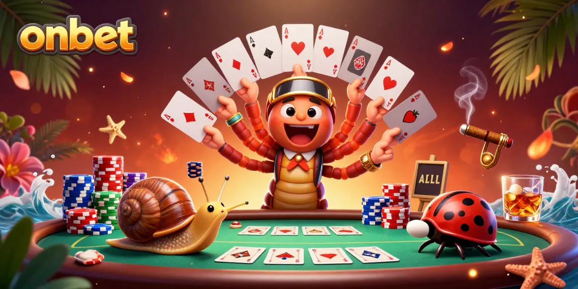 Join the excitement at onbet as a cartoon millipede dealer fans poker cards in a vibrant casino scene.