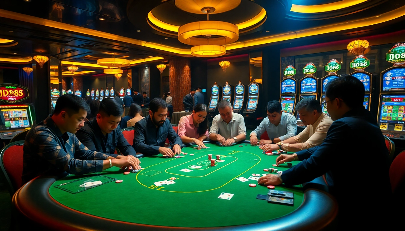 Người chơi tham gia tại bàn poker chủ đề JD88 trong một khu casino sang trọng.