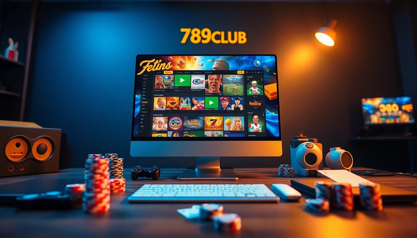 A vibrant online gaming scene from 789club78.com featuring colorful games, chips, and a modern interface.