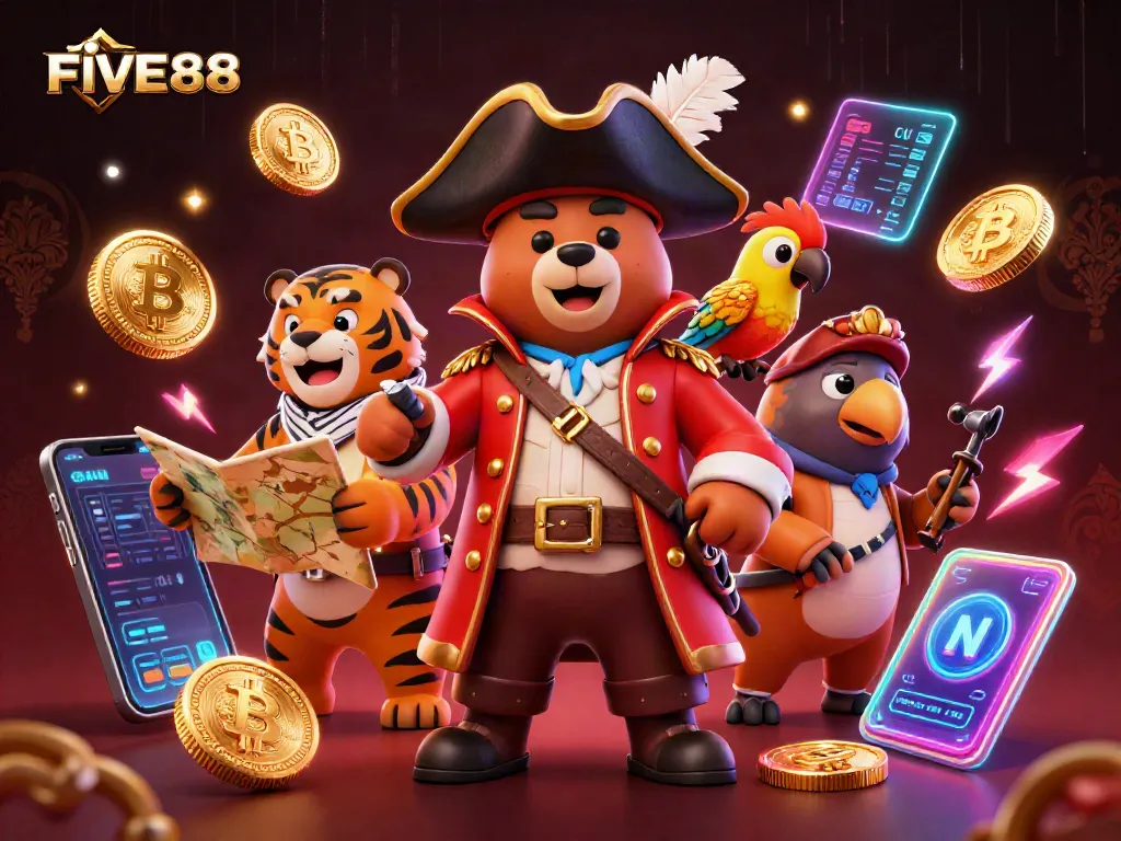 Engage in exhilarating gameplay at FIVE88 with vibrant casino elements and lively characters.