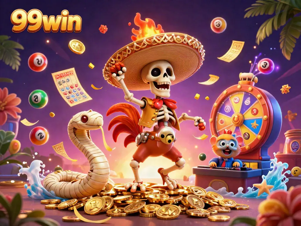 Experience the excitement of 99win with a colorful 3D casino illustration featuring a dancing mariachi, a mummy snake, and a DJ hamster.