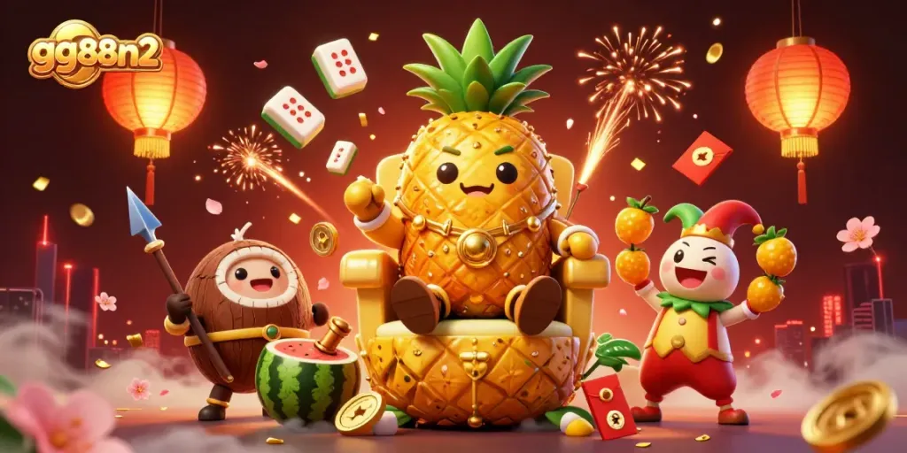 Experience dynamic gaming at gg88n2 with a golden pineapple king and festive elements in a vibrant casino.