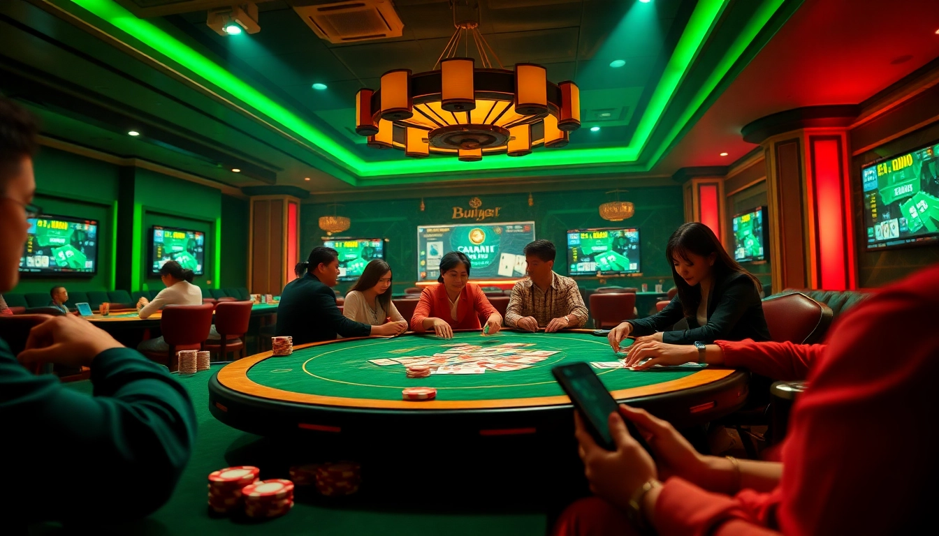 Engaging scene of players enjoying game bài online with vibrant casino elements and poker chips.