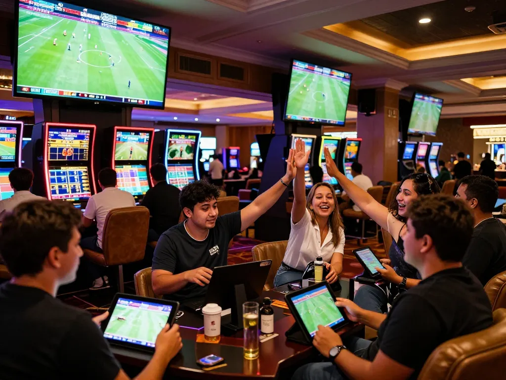 Excited bettors analyzing odds during Piala Dunia 2026 at a vibrant sports betting lounge