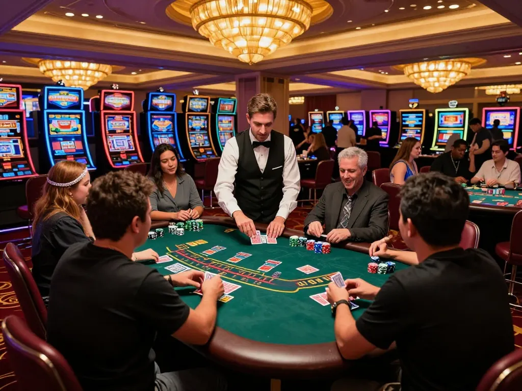 Players strategizing at blackjack table in vibrant casino featuring S6666 gameplay.