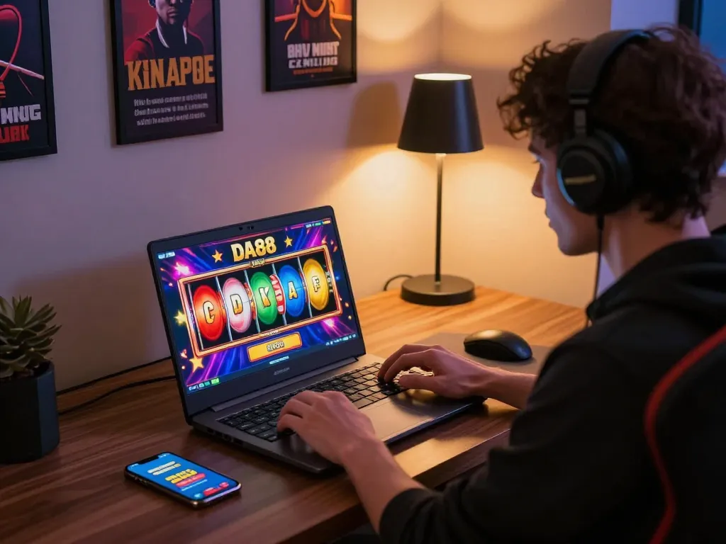Engaged player spinning reels on DA88 online slots at home, showcasing a vibrant gaming setup.