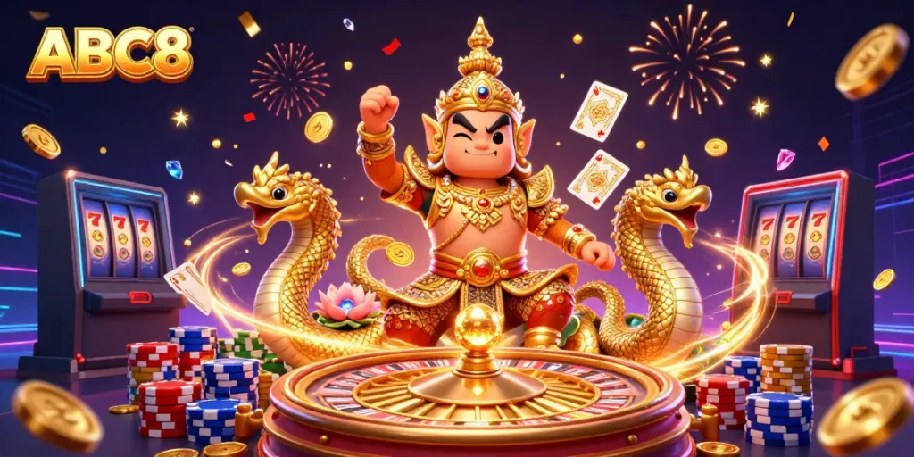 Experience the excitement of ABC8 with glowing riches and vibrant gaming elements in a dynamic 3D scene.