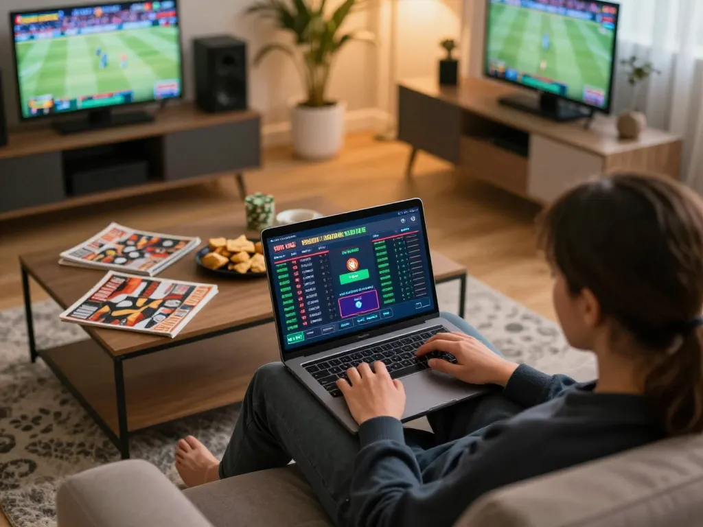 Engaging in online sports betting at home using Link nhà cái Lucky88 on a laptop in a cozy setting.