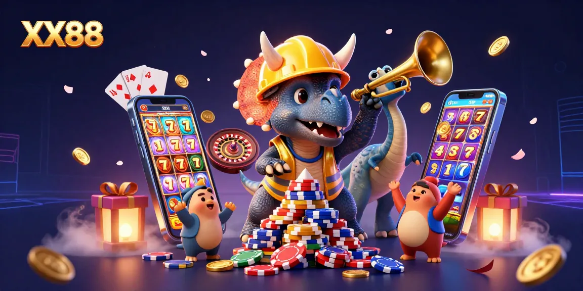 Experience thrilling slots and poker action at XX88 with vibrant 3D illustration capturing dynamic gameplay.