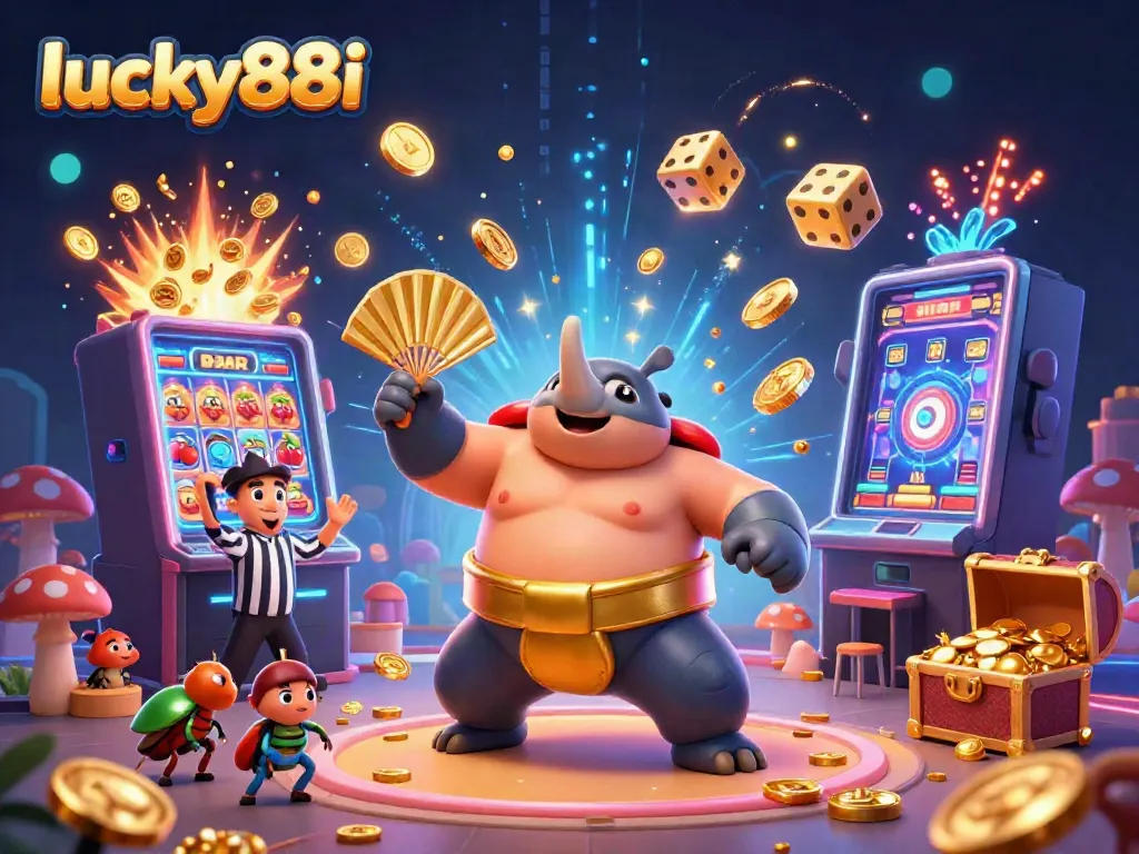 Experience excitement at lucky88i with a 3D beetle sumo champion amidst a vibrant casino explosion.