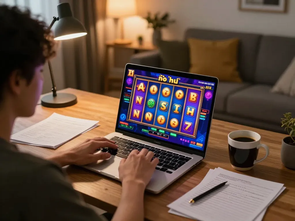 Nổ hũ slot game displayed on laptop screen with player engaged in vibrant online gaming setup