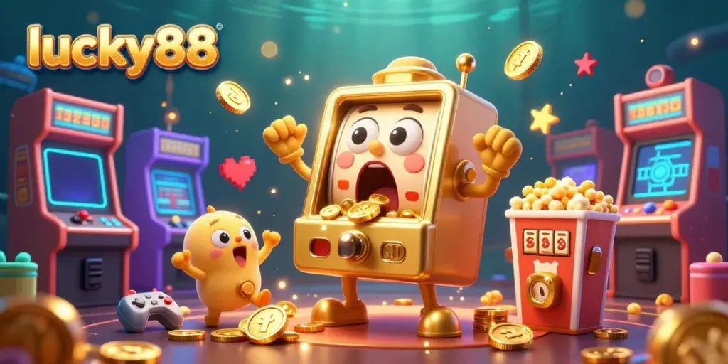 Experience the excitement of lucky88 as the golden slot machine celebrates its jackpot wins among cheering baby slot machines.