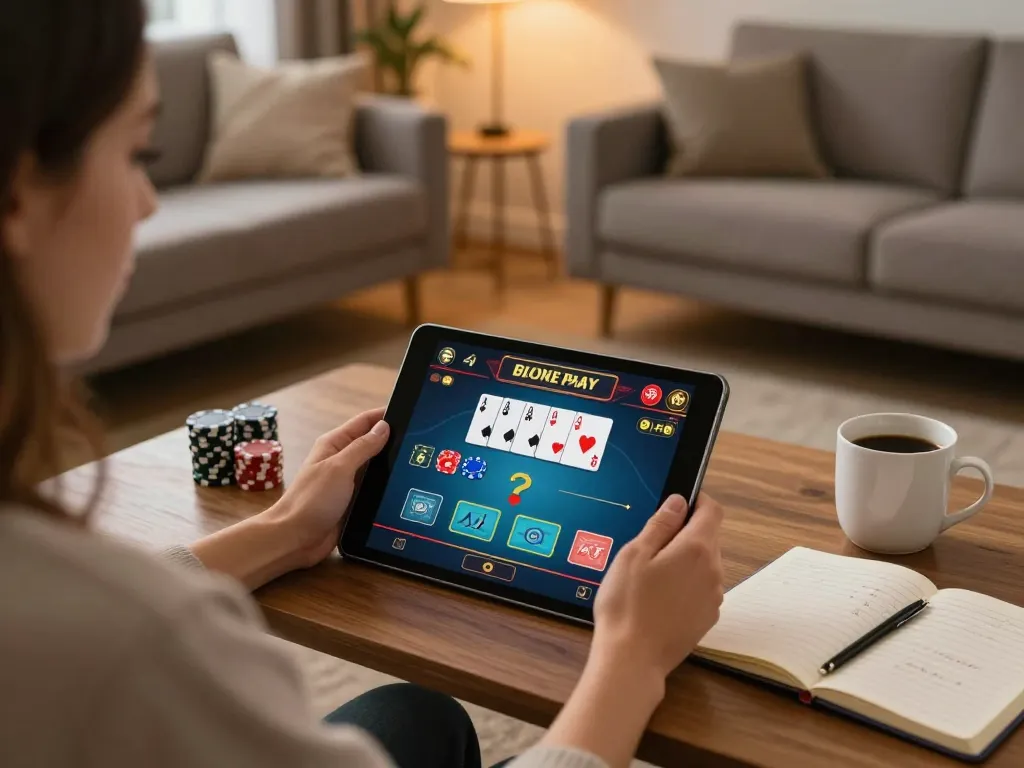 Engaging gameplay at trang chủ jun88, showcasing a cozy home setting with a person using a tablet for online poker.
