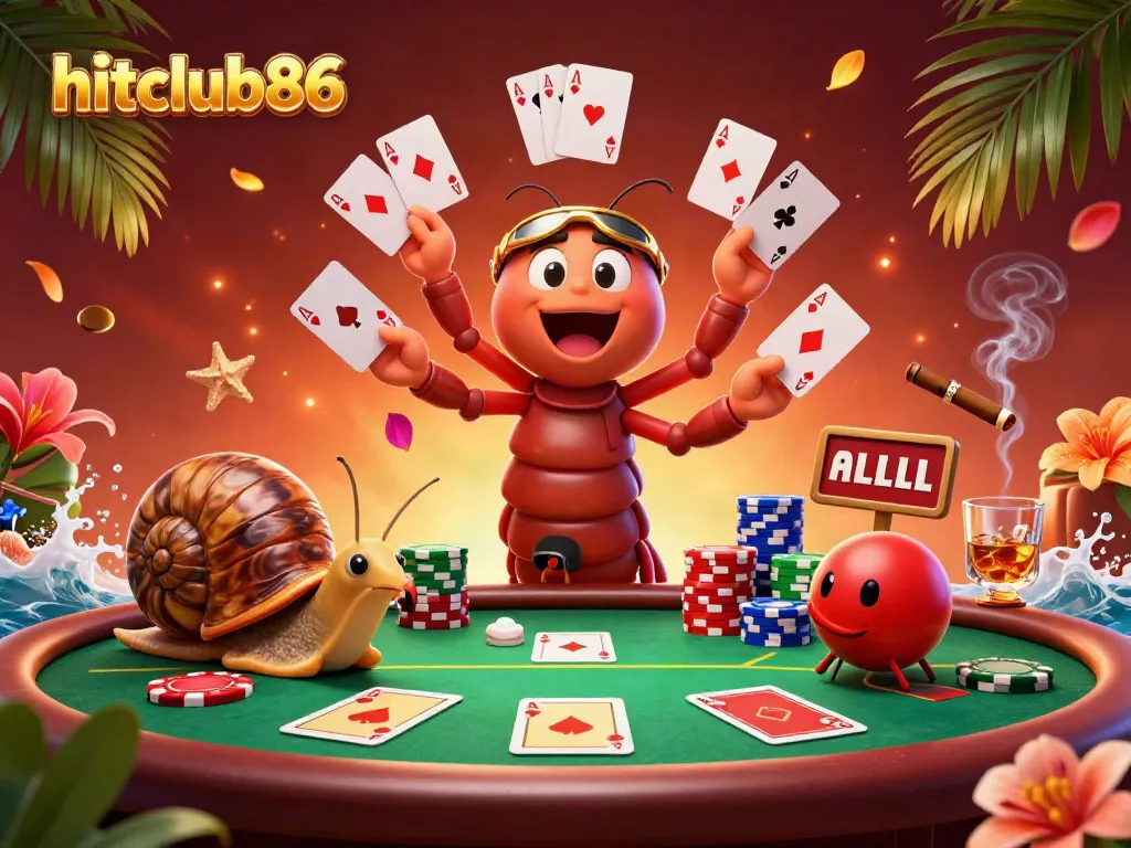 Engage with hitclub86 at a vibrant poker scene featuring a cartoon millipede dealer and exciting gameplay elements.