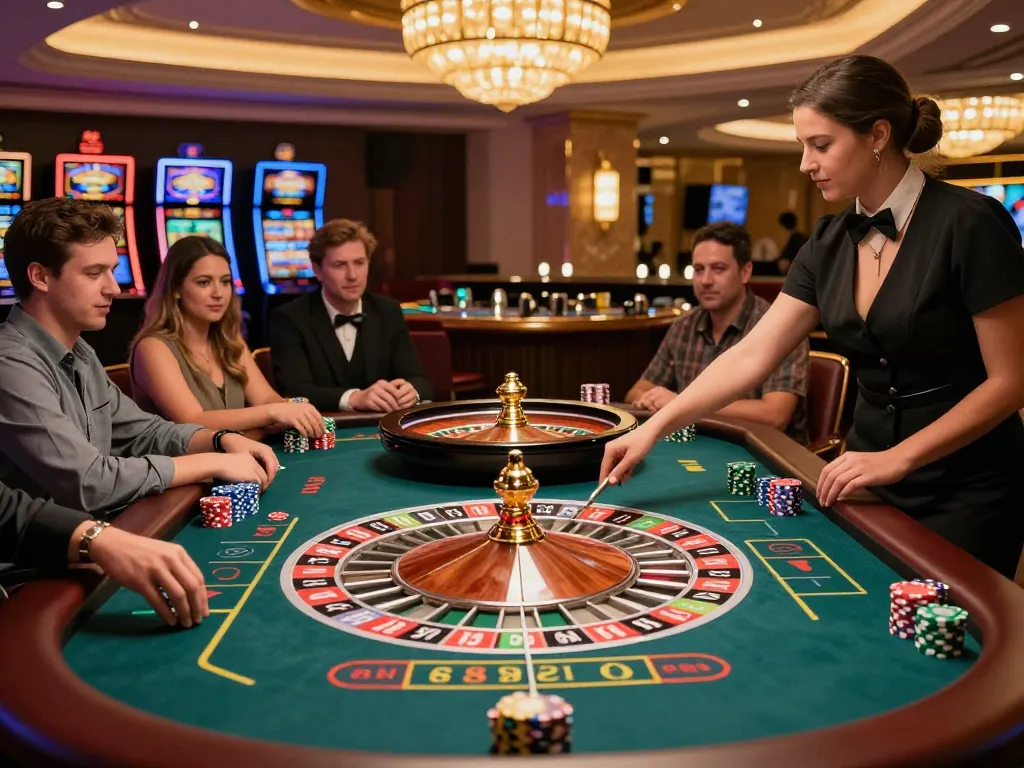 Engaged players spinning the roulette wheel at one88me casino floor, dynamic gaming atmosphere.