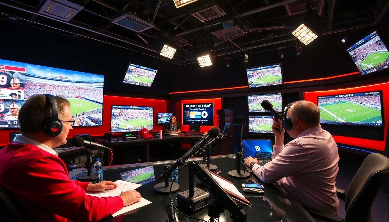 Engaging sports broadcasting studio showcasing professional anchors discussing live events.