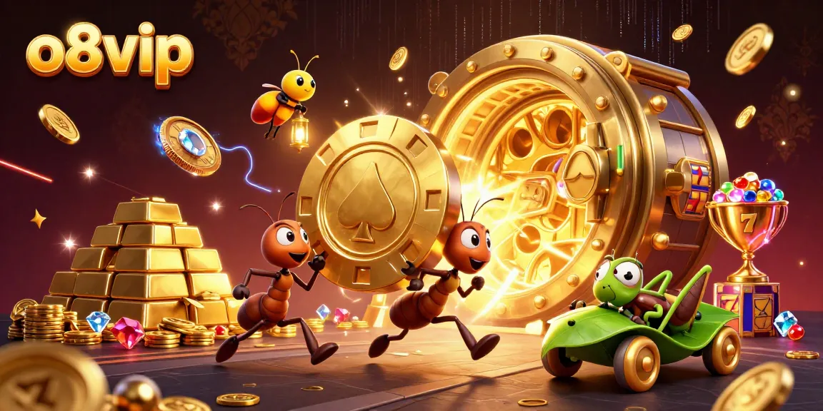 Engaging scene of ants heisting a golden poker chip in o8vip, showcasing rich casino elements.