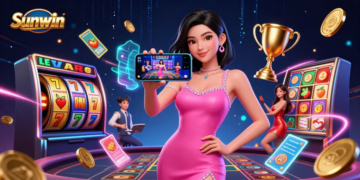 Sunwin enhances your gaming experience with a stunning woman presenting a live casino game on her smartphone.