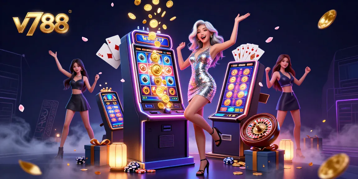 Play slots and win big at v788 with an Asian beauty celebrating by a jackpot slot machine.